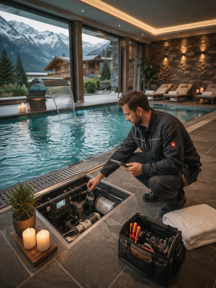 SPA Service David – Wartung der Pooltechnik im Wellnessbereich, Techniker überprüft Steuerung und Filtersystem eines Indoor-Pools mit Bergblick; professioneller Service für Spa- und Wellnessanlagen in Tirol, Südtirol und Südbayern