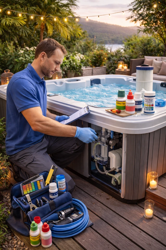 SPA Service David – Wartung eines Whirlpools im Außenbereich, Techniker überprüft Wasserwerte und Technik der Anlage; professioneller Service für Wellnessanlagen in Tirol, Südtirol und Südbayern