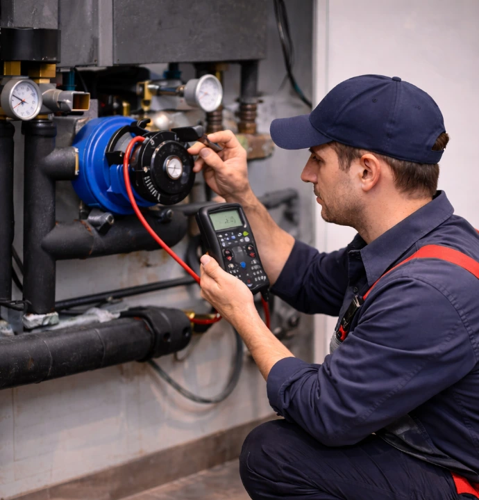 SPA Service David – Wartung und Einstellung eines Heiz- und Pumpensystems, Techniker überprüft Steuerung und Durchfluss; professioneller Service für Spa- und Wellnessanlagen in Tirol, Südtirol und Südbayern