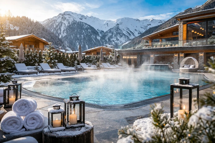 SPA Service David – beheizter Außenpool im Winter mit Bergblick in Tirol; Wartung und Service für Spa- und Wellnessanlagen in Tirol, Südtirol und Südbayern